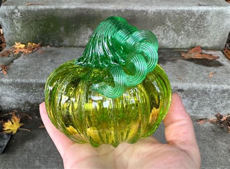 Two Tone Green Glass Pumpkin Hand Blown Gourd Lime Emerald 4 Squash Green Ribs And Stem Autumn