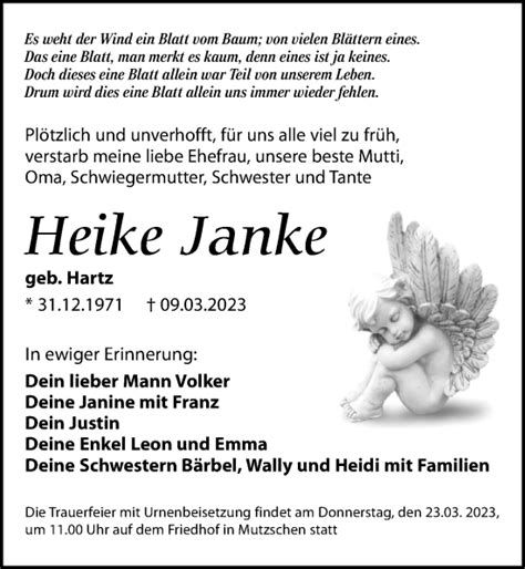 Traueranzeigen Von Heike Janke Trauer Anzeigen De