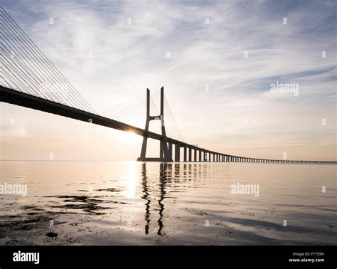 Vasco Da Gama Bridge Over Rio Tejo Tagus River At Dawn Lisbon Stock