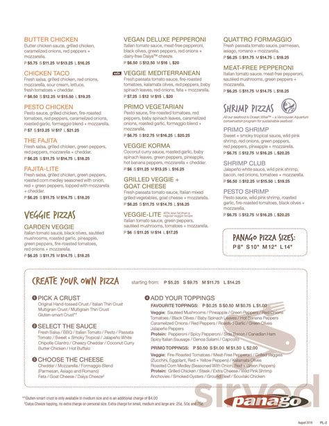 Panago Pizza Menu In Chilliwack British Columbia Canada