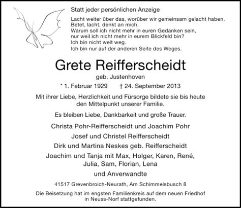 Alle Traueranzeigen F R Grete Reifferscheidt Trauer Rp Online De