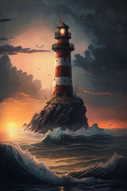 Premium AI Image | A lighthouse on the ocean and a sunset