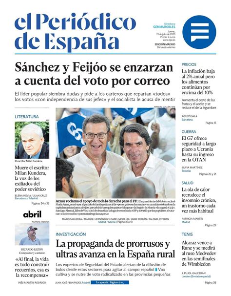 Portada De El PeriÓdico De EspaÑa Del Jueves 13 De Julio Del 2023 El