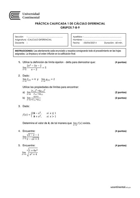 Práctica Calificada Grupos 7 8 9 PRÁCTICA CALIFICADA 1 DE CÁLCULO