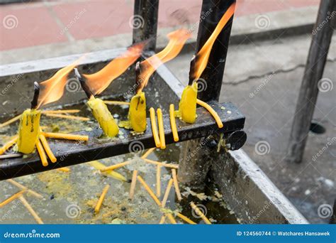 Lighting Candle Use For Pay Respect To The Buddha Stock Photo Image