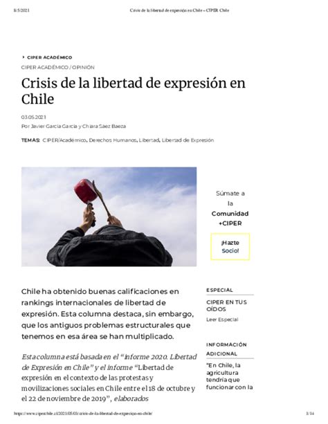 Pdf Crisis De La Libertad De Expresión En Chile Ciper Académico 2021 Chiara Sáez Baeza