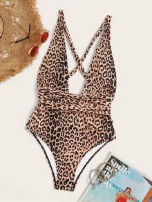 Shein Swim Chicsea Summer Beach Leopard Criss Cross One Piece Swimsuit