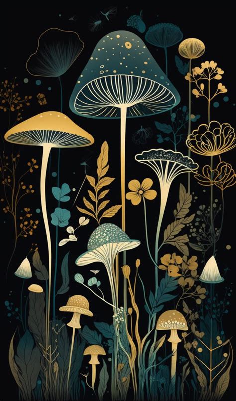 Bohemian Mushroom Artwork Using Shades Of Teal Purple And Yellow Ai