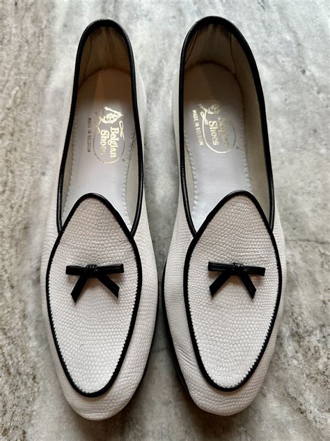 Belgian Shoes Midinette White Lizard Embossed Leather Slippers Loafers