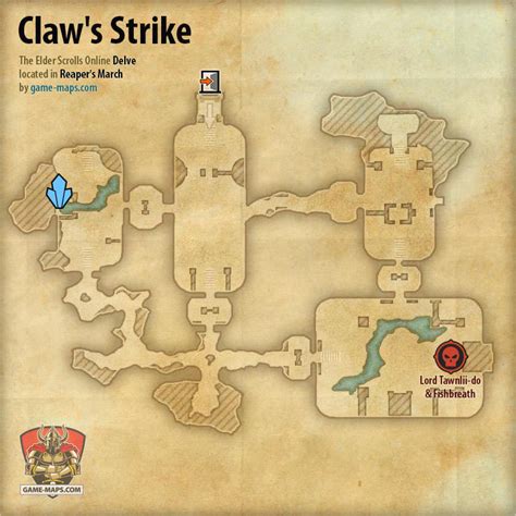 ESO Claw's Strike Delve Map with Skyshard and Boss location in Reaper's March