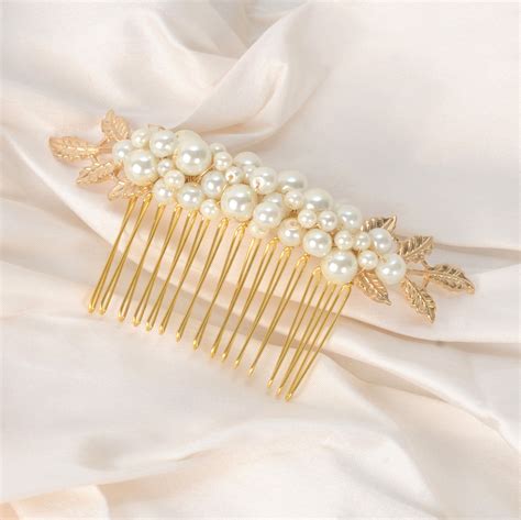 Pearl Bridal Comb Pearl Headpiece With Gold Leaves Bridal Hair Comb