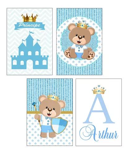 Quadros Urso Príncipe Azul Claro Nome Personalizado 4 20x30 Cor Azul