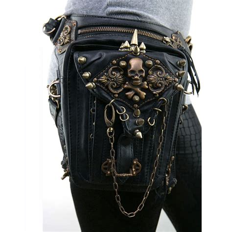 Black PU Leather Skull Rivet Chain Gothic Waist Bag Steampunk Messenger