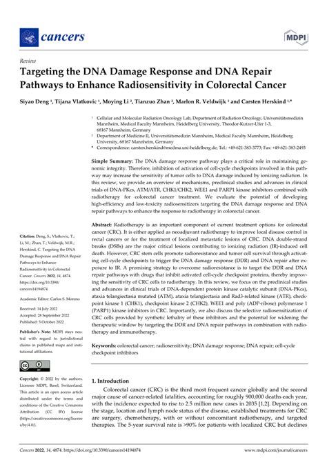 Pdf Targeting The Dna Damage Response And Dna Repair Pathways To