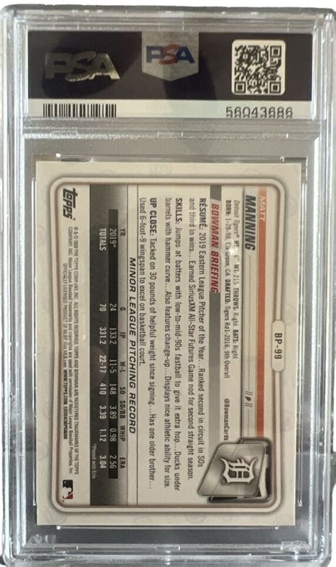 2020 Bowman BP99 Matt Manning PSA 10 Gem Topps Detroit Tigers Paper