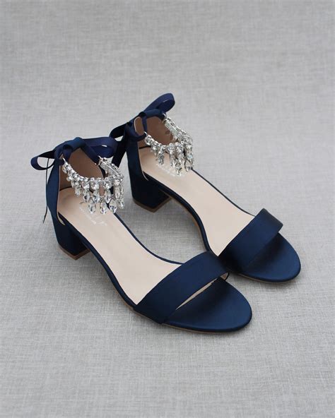 Navy Satin Block Heel Sandal With Embellished Dangled Rhinestones Ankle