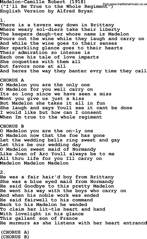 World War One Ww Era Song Lyrics For Madelon Camille Robert