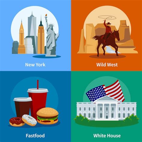 Free Vector Colorful Usa 2x2 Flat Icons Set With New York Wild West