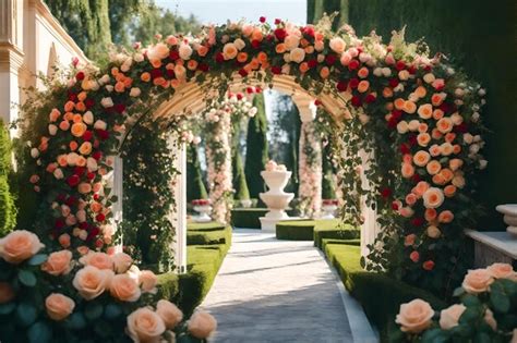 Premium AI Image | A garden with roses and a white arch