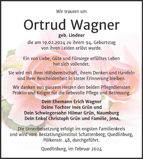 Traueranzeigen Von Ortrud Wagner Abschied Nehmen De