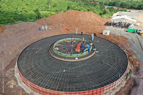 Aerial View At The Construction Site Of The Foundations Of The Wind