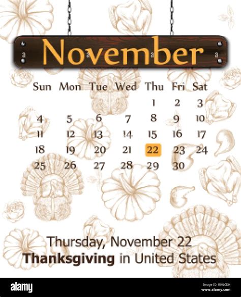 Thanksgiving Day Calendar Vector Turkey Pumpkins Background Lineart