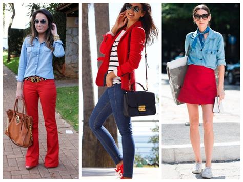 como combinar cores Vermelho azul jeans Calça vermelha blazer