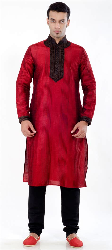 Red And Maroon Color Art Dupion Silk Fabric Kurta Pyjamas