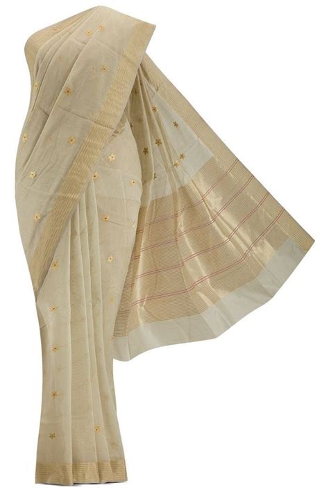 Zari And Thread Butta Brinda Pearl White Chanderi Silk Cotton Saree