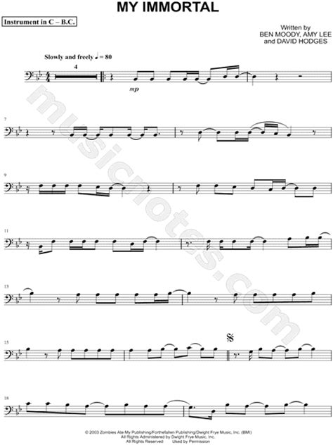 Evanescence My Immortal Bass Clef Instrument Sheet Music Cello Trombone Bassoon Baritone