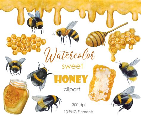 Watercolor Bees And Honey Clipart