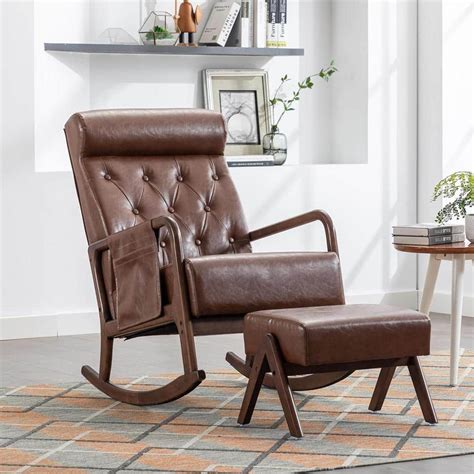 Mid-Century Brown Faux Leather Upholstered Rocking Chair Nursery With ...