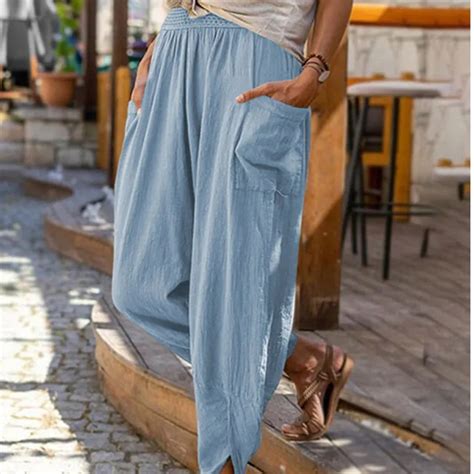 Summer 2024 New Casual Fashion Solid Linen Loose Pocket Wide Leg Radish Harem Pants Women Ankle