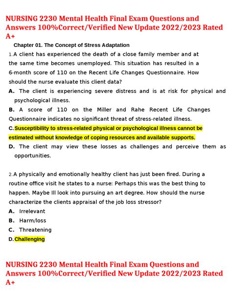 Nursing 2230 Mental Health Final Exam Questions And Answers 100 Correct Verified New Updat