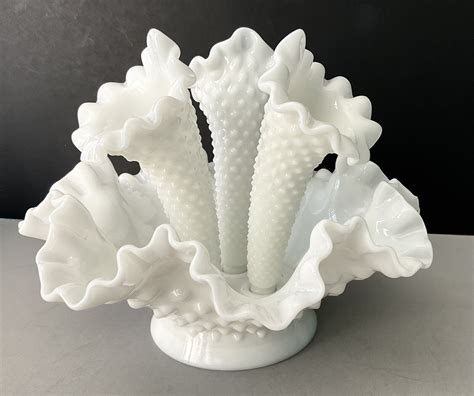 Vintage Fenton Hobnail Milk Glass Epergne 3 Horn Vase Centerpiece