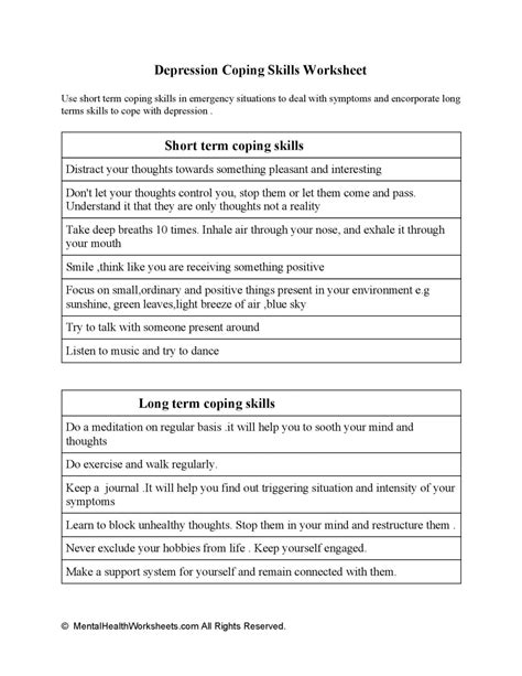 Depression Coping Skills Worksheet