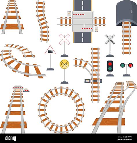 Different structural elements of railway. Vector collection in cartoon style. Road railway for ...