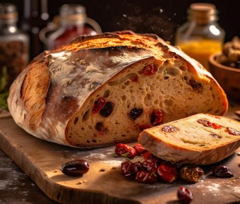 Premium Ai Image A Loaf Of Freshly Baked Sourdough Bread With Olives And Sundried Tomatoes