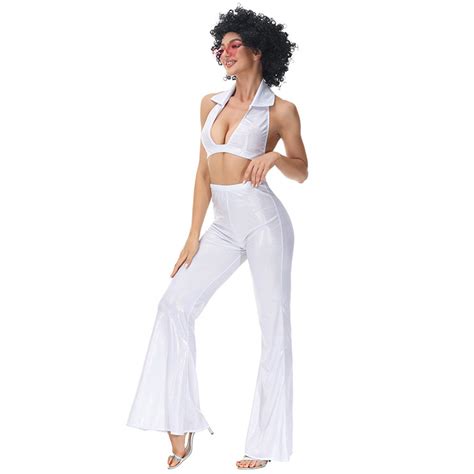 70s Disco Dancing Queen Halter Bra Top And Bell Bottoms Trousers Adult