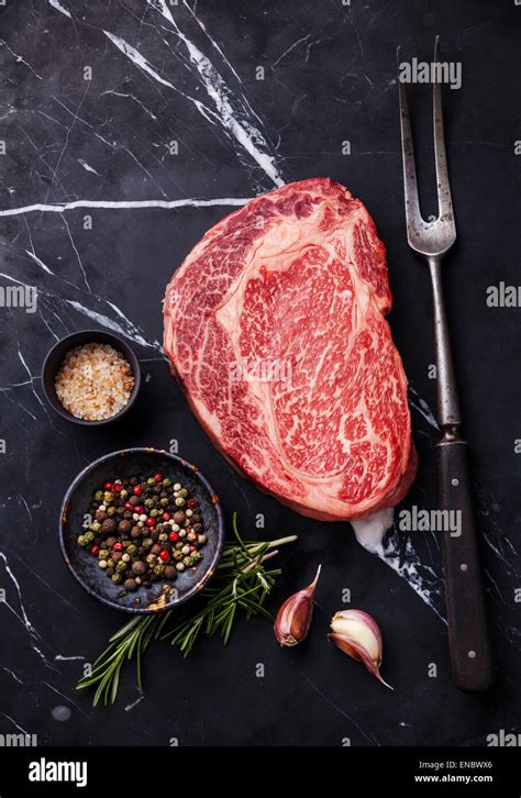 Raw Fresh Marbled Meat Black Angus Steak Ribeye Seasonings And Meat