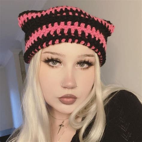 BLACK AND HOT PINK CROCHET CAT EAR BEANIE Depop