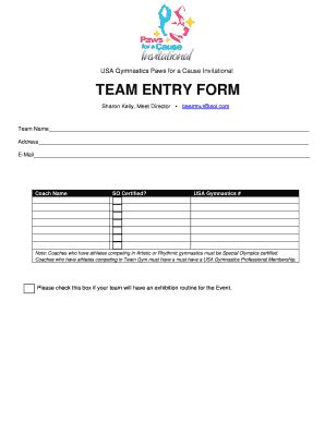 Fillable Online USA Gymnastics Paws For A Cause Invitational TEAM ENTRY