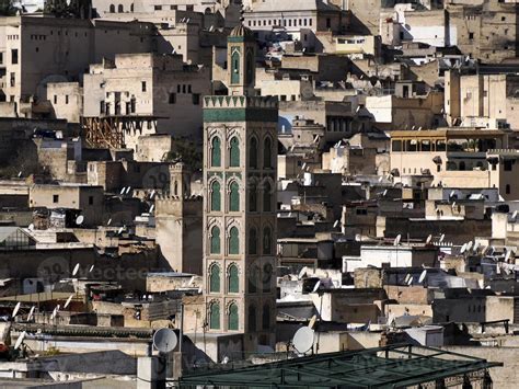 detail of mosque tower Aerial view panorama of the Fez el Bali medina