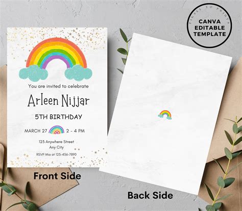 Editable Rainbow Birthday Invitation Thank You Card Rainbow Etsy