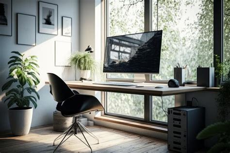 Computador De Mesa Sentado Em Cima Da Mesa De Madeira Ao Lado Da Janela