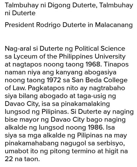 PAANO ISINULAT Ang Talambuhay Ni Pangulong Duterte Brainly Ph