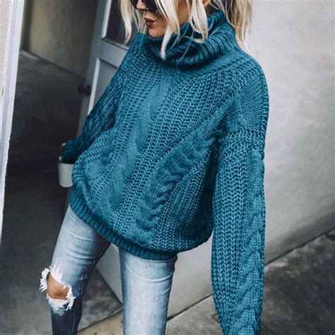 Solid Color High Neck Long Sleeve Knitted Sweater Sweaters For Women