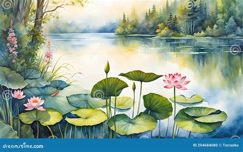 Light Watercolor Painting Of Lotus Flowers And Leaves In Water In An