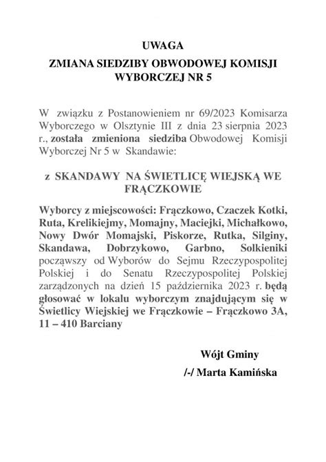 Zmiana Siedziby Obwodowej Komisji Wyborczej Nr Aktualno Ci