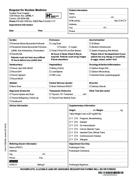 Fillable Online Request For Nuclear Medicine Humber River Hospital